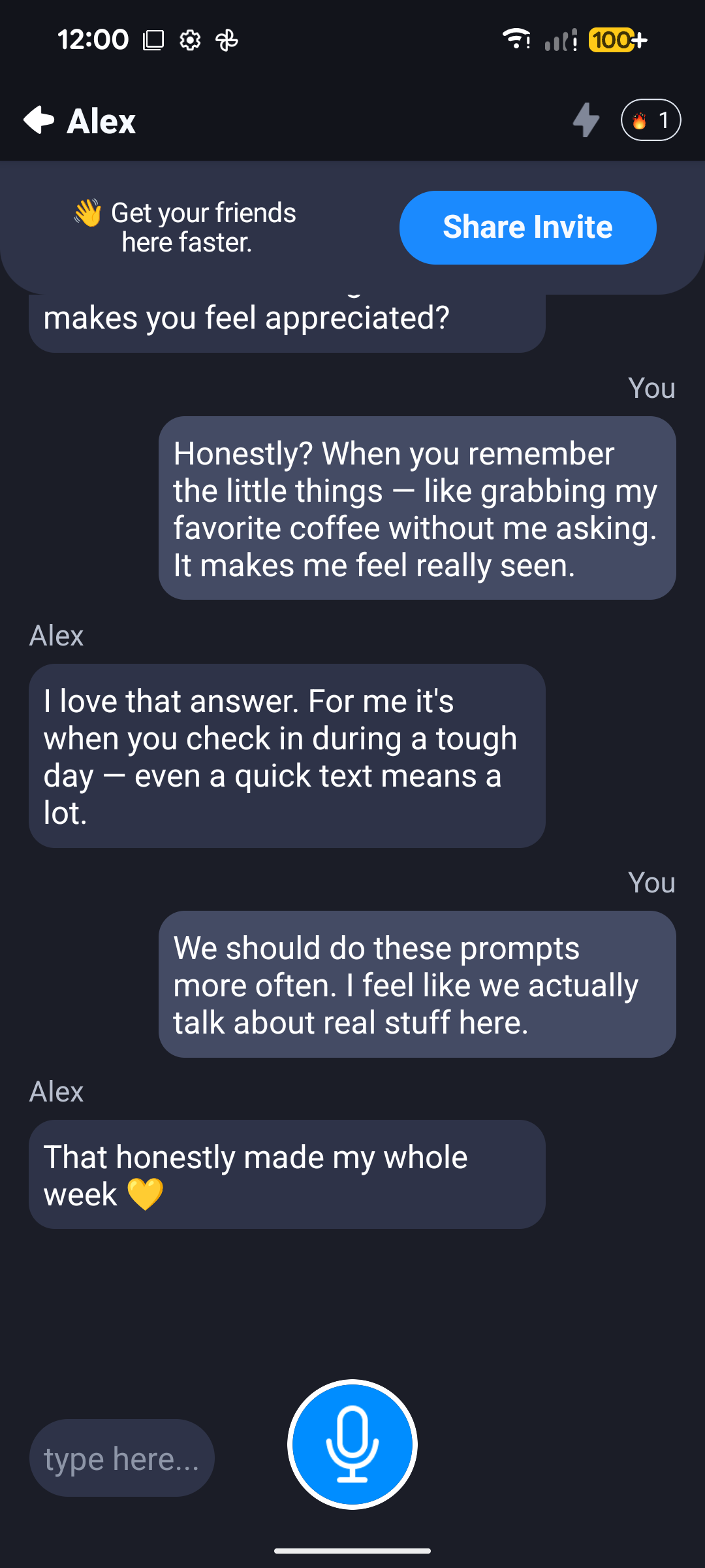 A Thrivify conversation with voice messages between friends